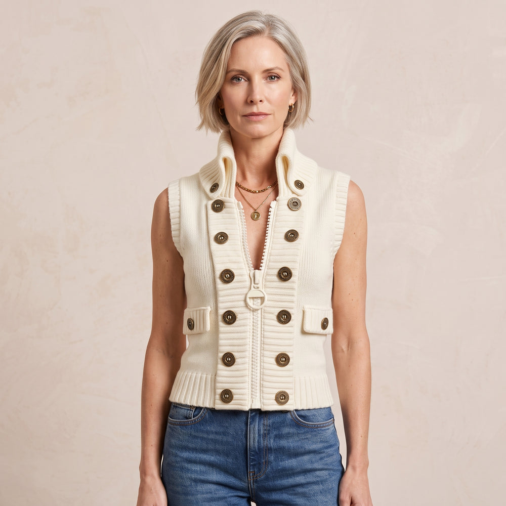 High Collar Knit Vest with Ribbed Trim for Women