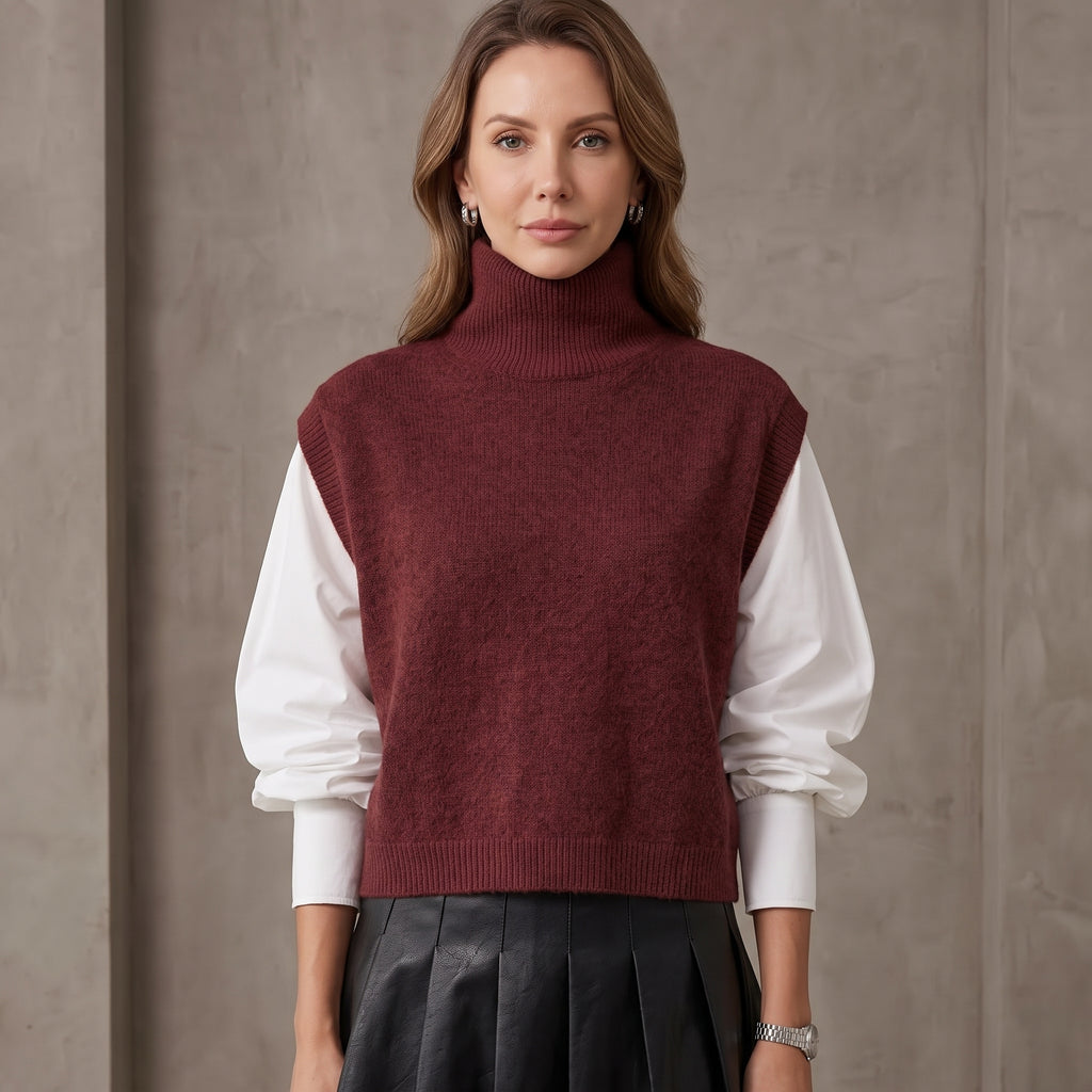 High-Neck Sweater Vest with Ribbed Armholes for Women