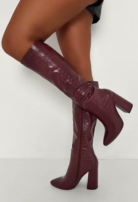 Croc-Effect Knee-High Boots with Pointed Toe for Women