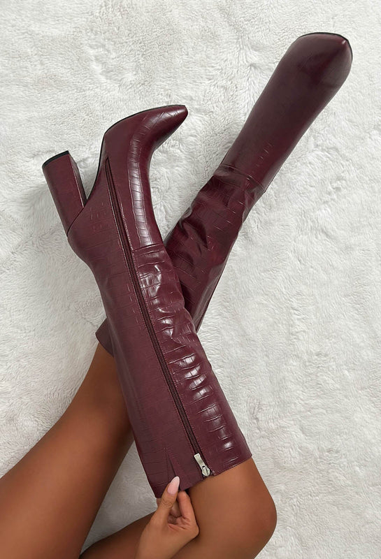 Croc-Effect Knee-High Boots with Pointed Toe for Women