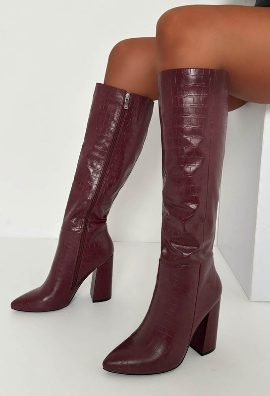 Croc-Effect Knee-High Boots with Pointed Toe for Women
