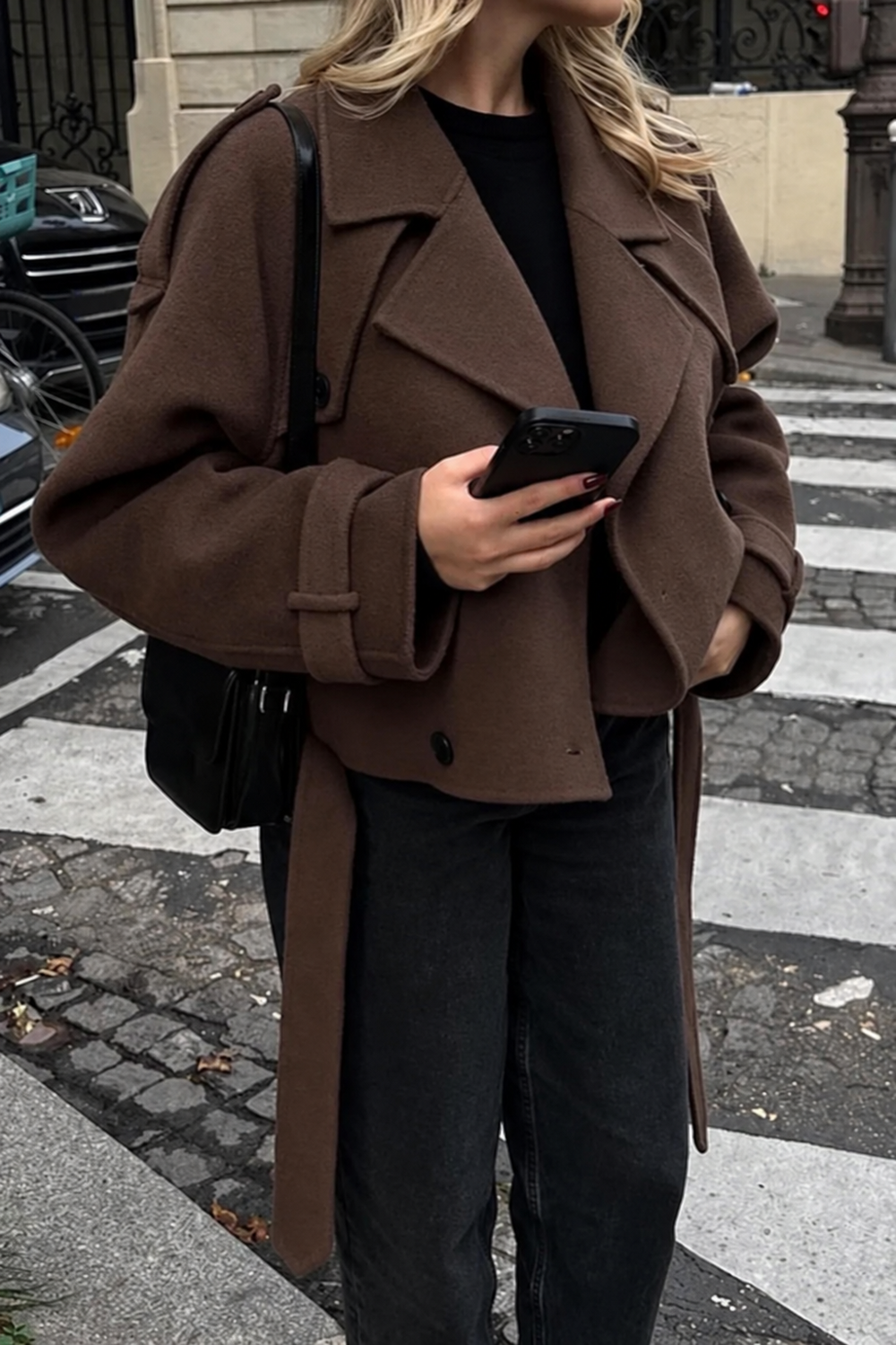 Cropped Jacket with Wide Lapels and Buttons for Women