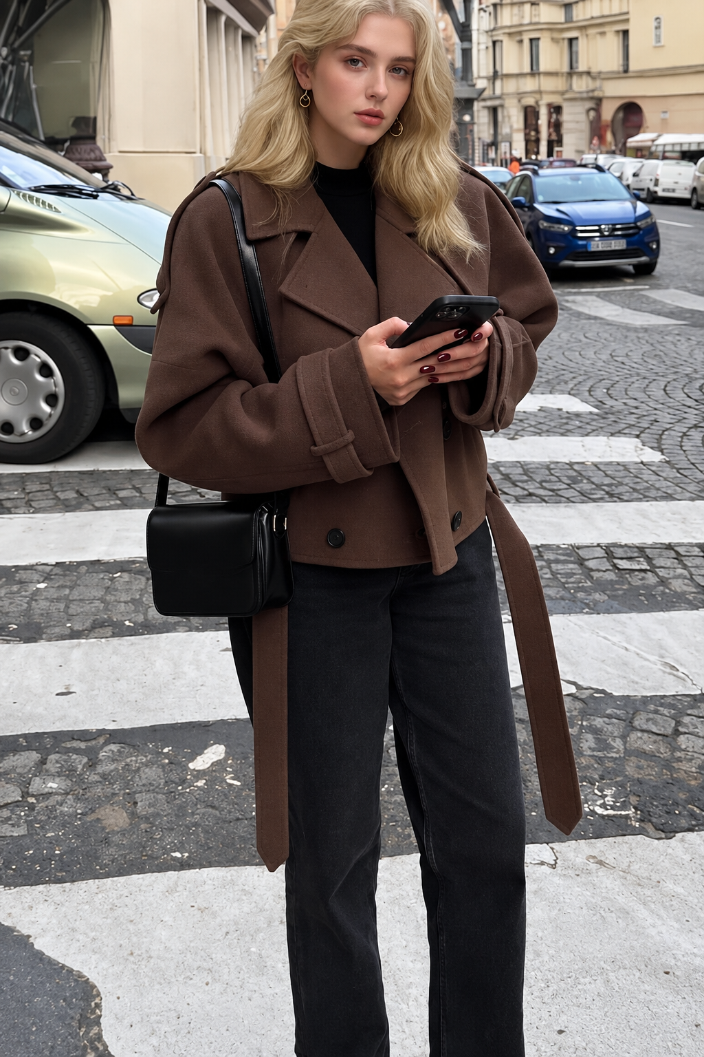 Cropped Jacket with Wide Lapels and Buttons for Women