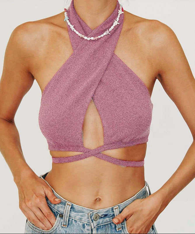 Cross-Front Halter Crop Top with Wraparound Waist Straps for Women
