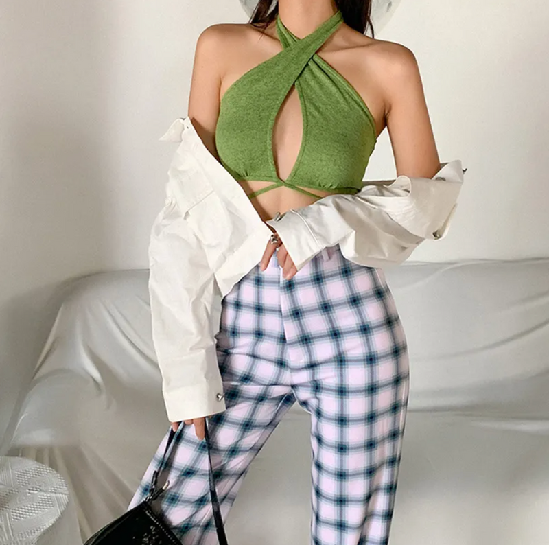 Cross-Front Halter Crop Top with Wraparound Waist Straps for Women