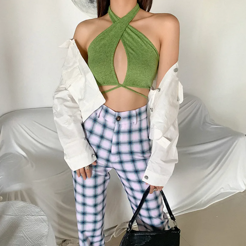 Cross-Front Halter Crop Top with Wraparound Waist Straps for Women
