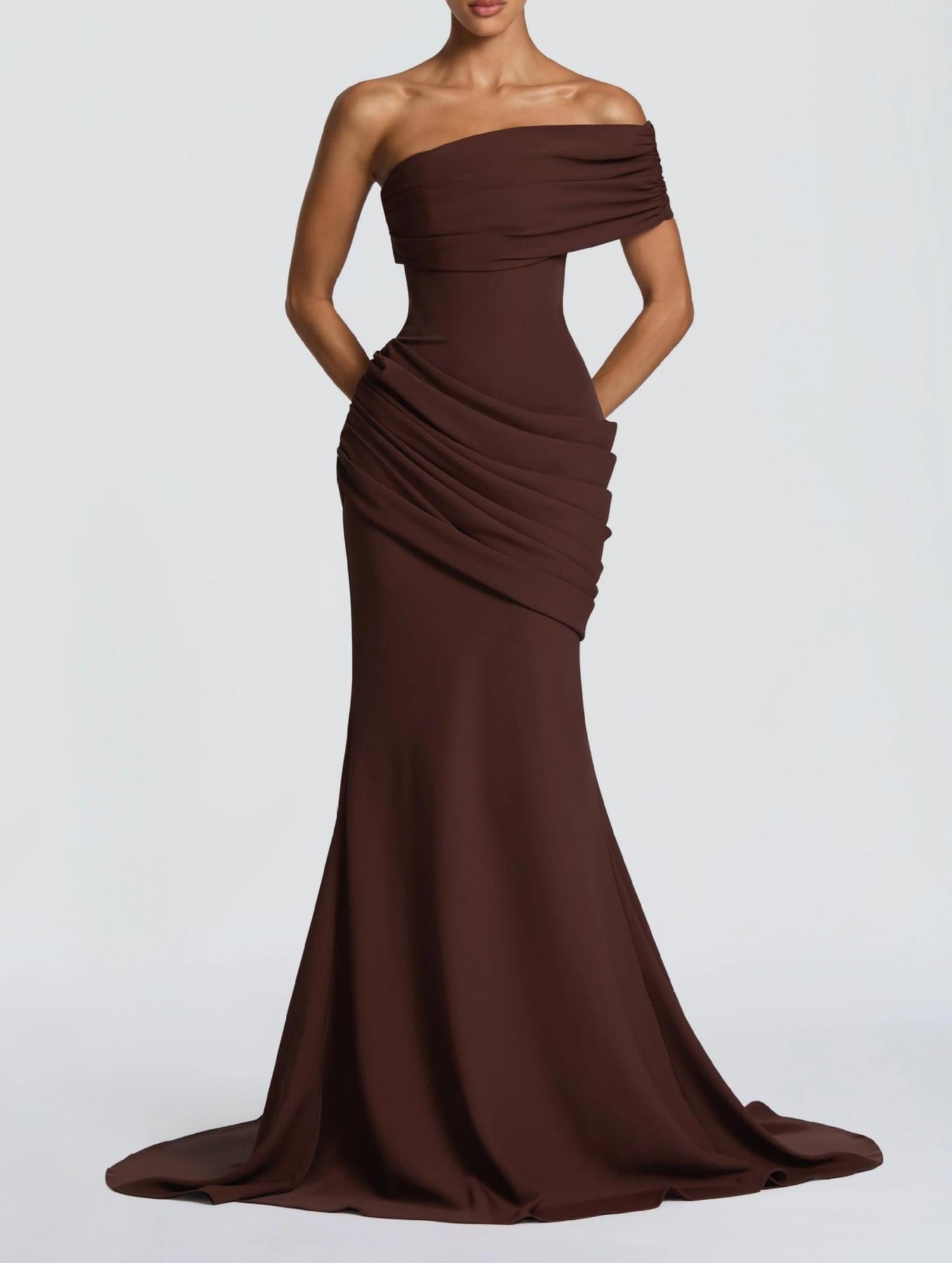 Draped Evening Gown with Off-Shoulder Neckline for Women