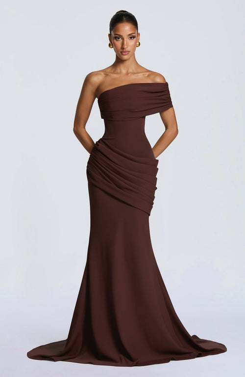 Draped Evening Gown with Off-Shoulder Neckline for Women