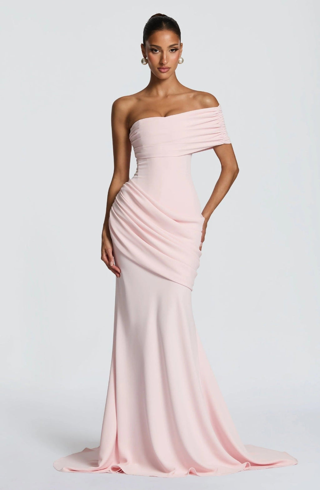 Draped Evening Gown with Off-Shoulder Neckline for Women
