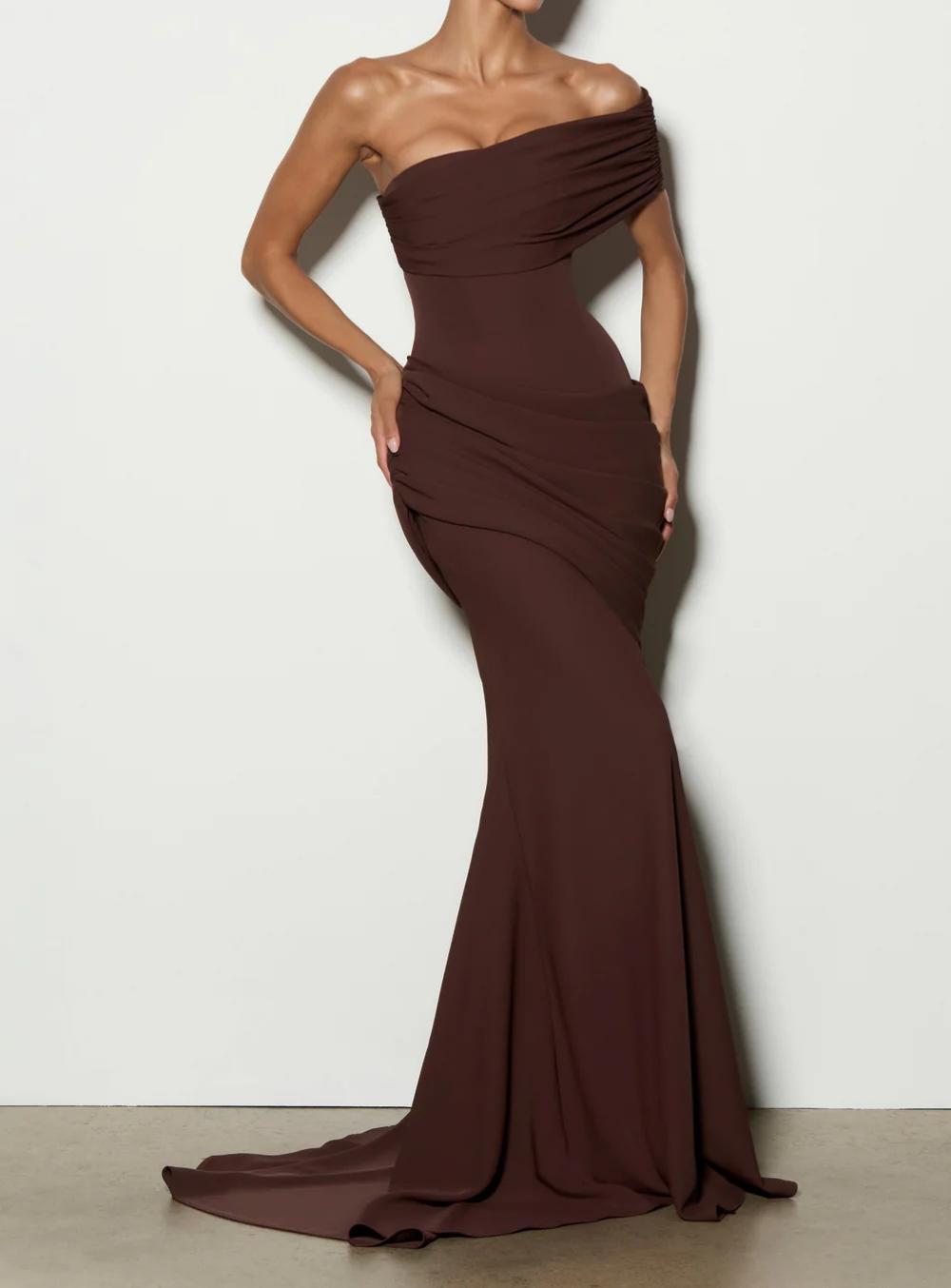 Draped Evening Gown with Off-Shoulder Neckline for Women