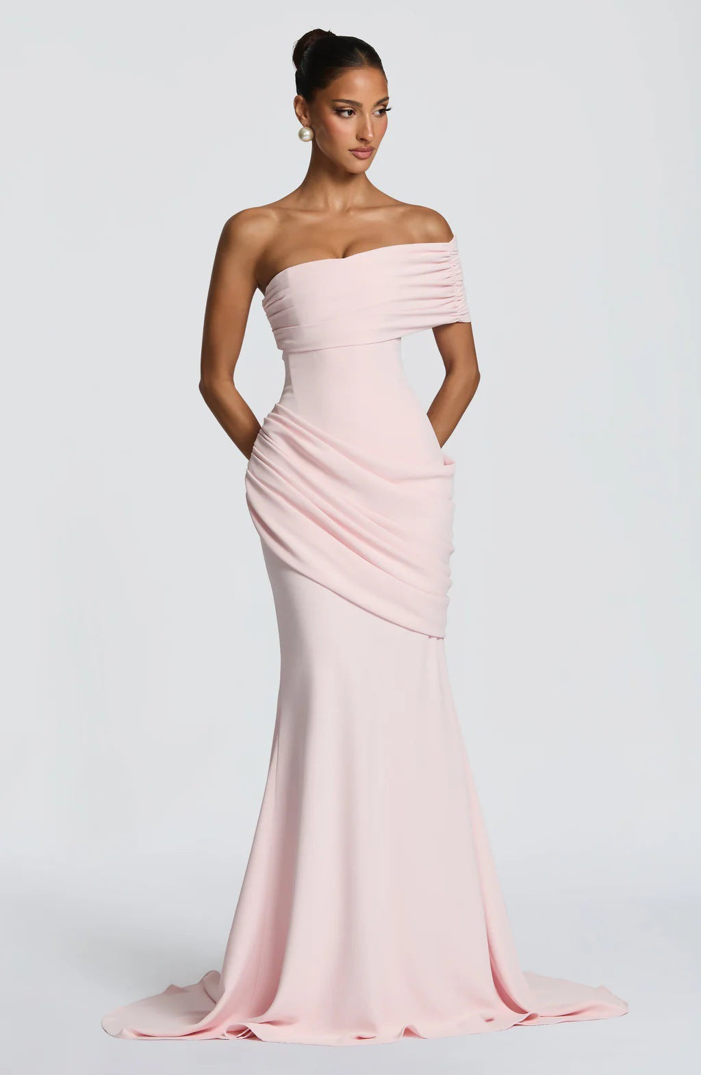 Draped Evening Gown with Off-Shoulder Neckline for Women