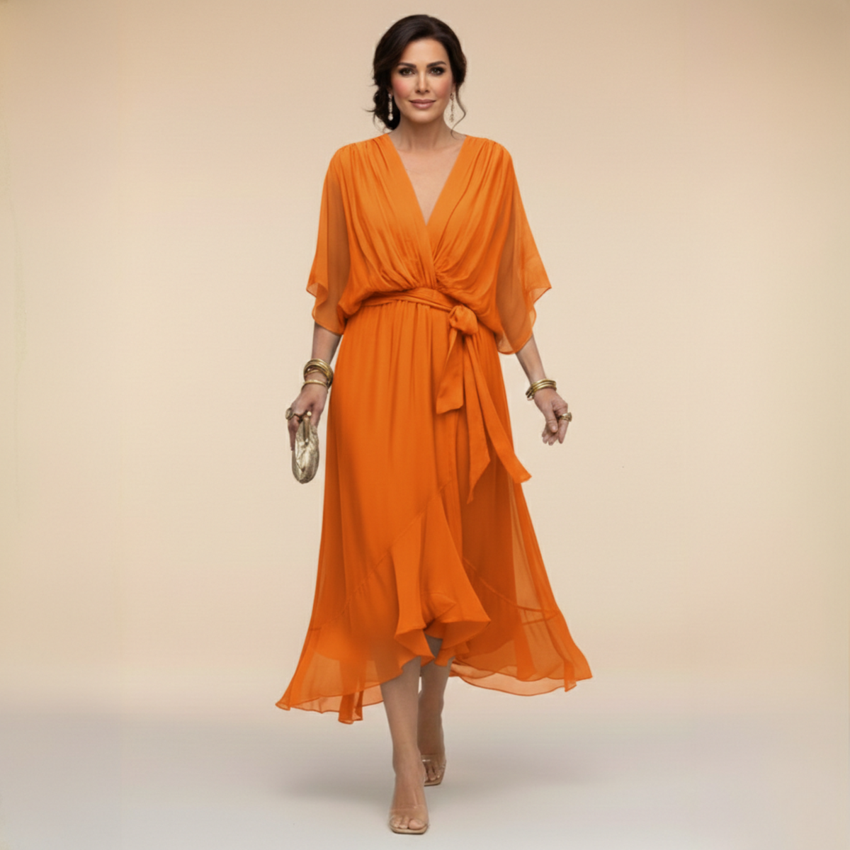 Dress with Flutter Sleeves and Tie Waist for Womens