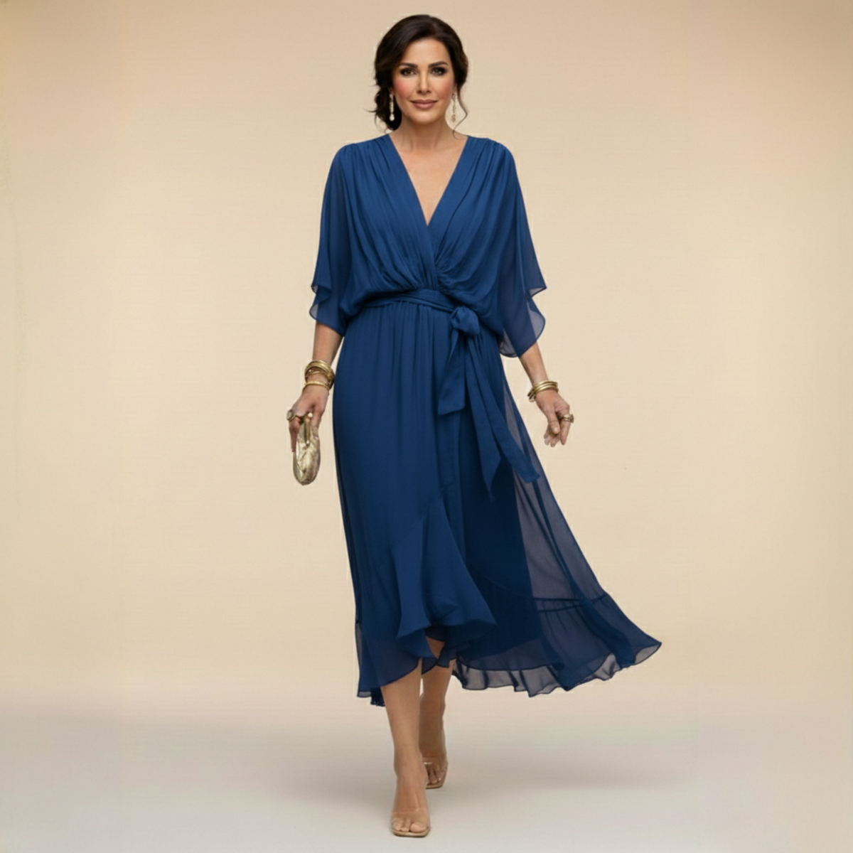 Dress with Flutter Sleeves and Tie Waist for Womens