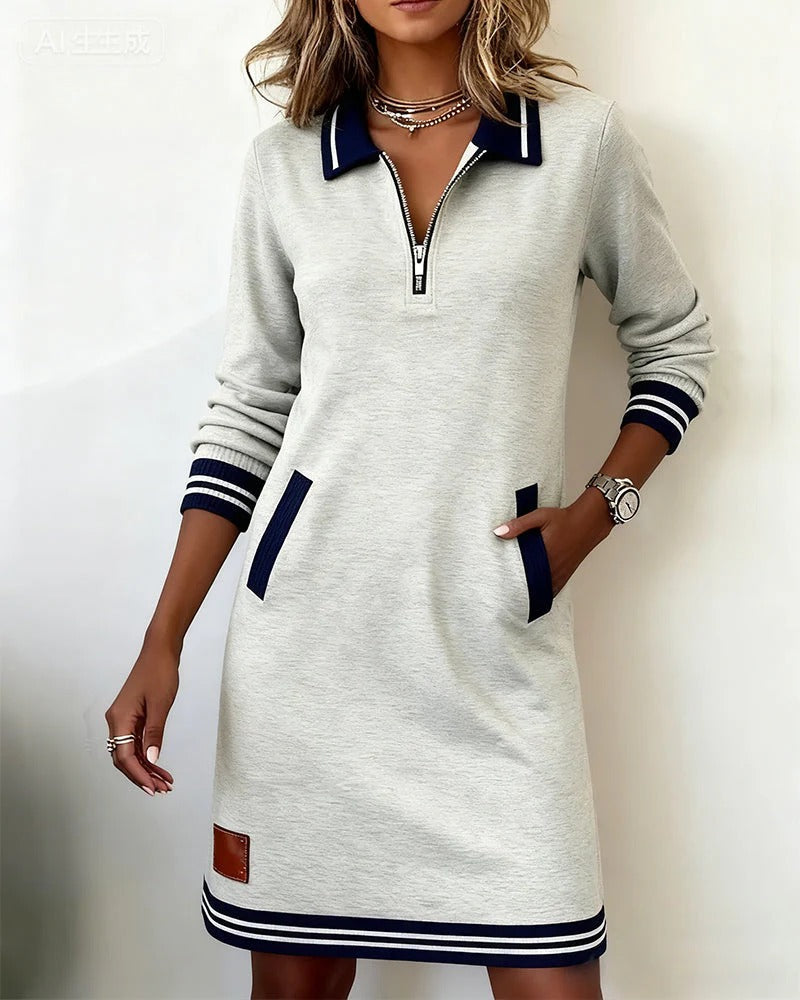 Dress with Zip Neck and Contrast Collar Trim for Womens