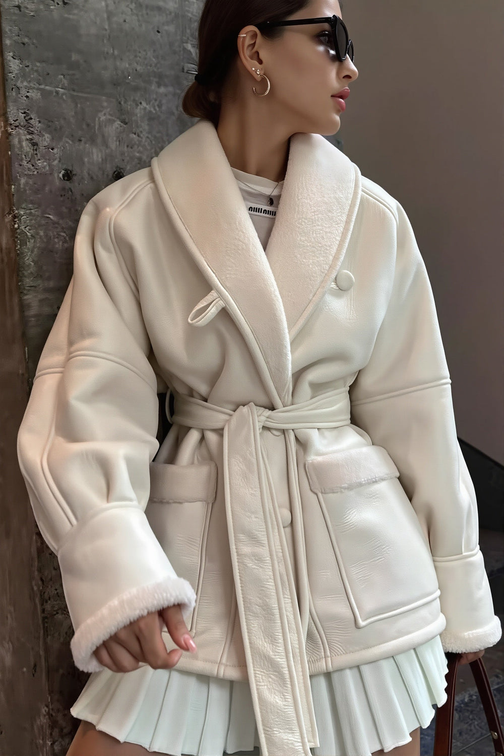 Faux Leather Jacket with Plush Collar and Belt for Women
