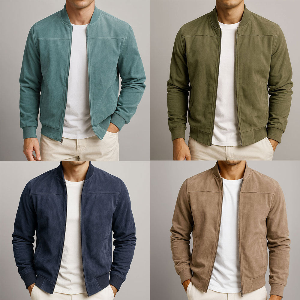 Faux Suede Jacket with Stand Collar and Zip Front for men