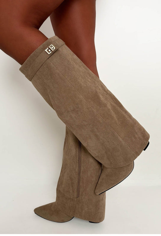 Faux Suede Knee-High Boots with Fold-Over Shaft for Women