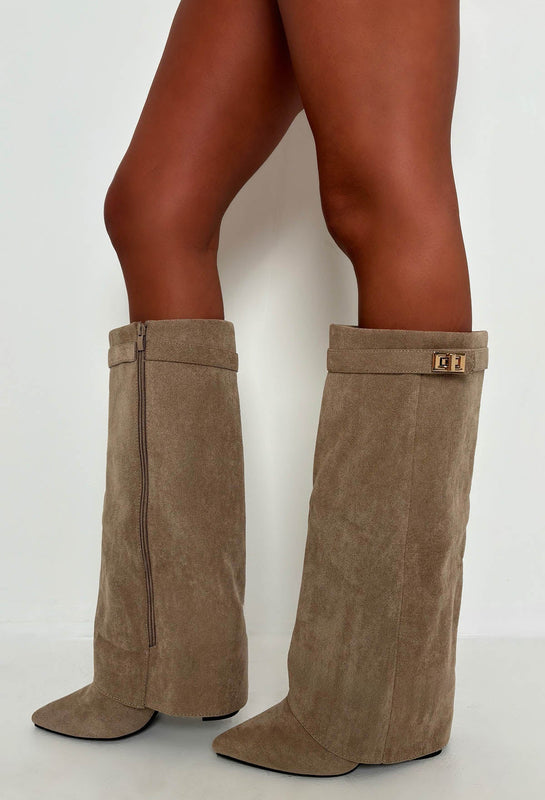 Faux Suede Knee-High Boots with Fold-Over Shaft for Women