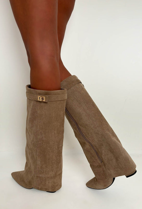 Faux Suede Knee-High Boots with Fold-Over Shaft for Women