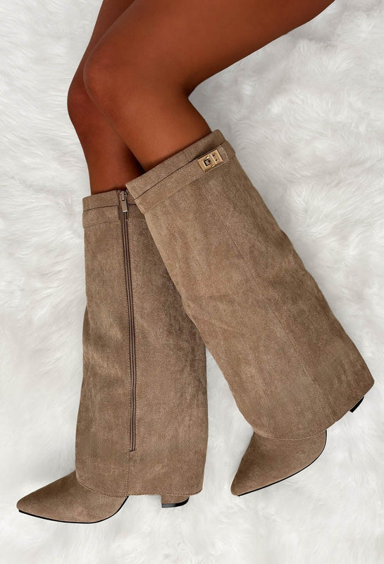 Faux Suede Knee-High Boots with Fold-Over Shaft for Women
