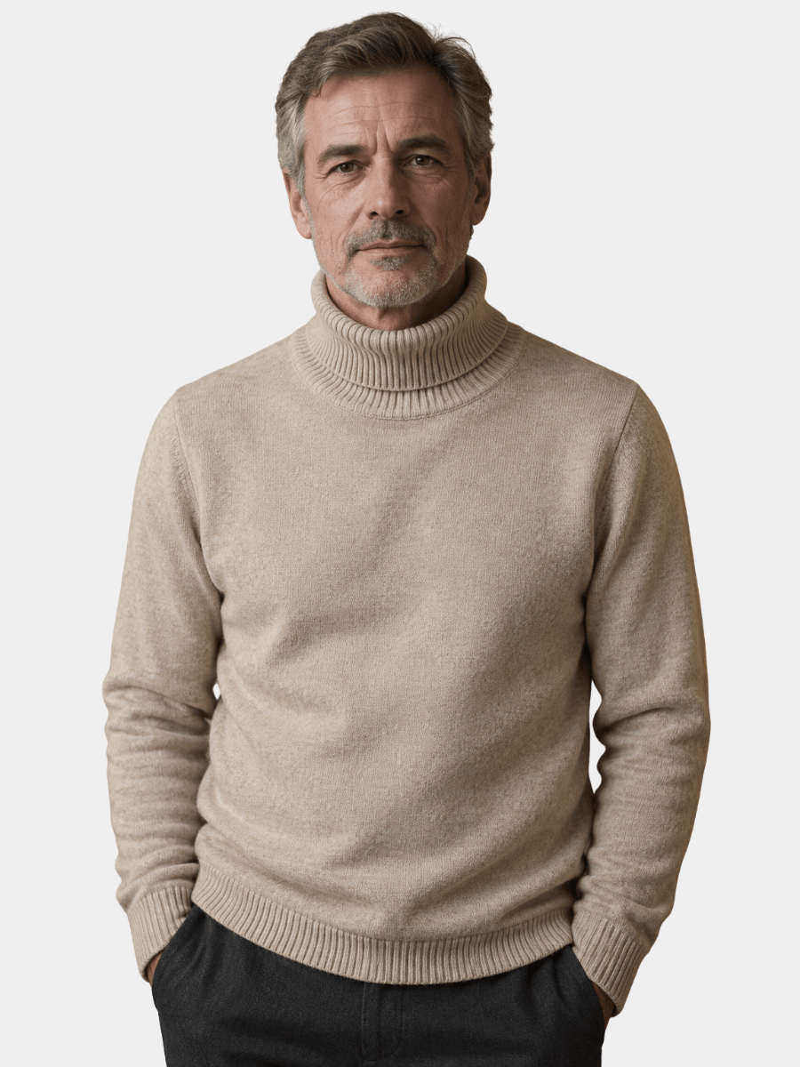 Fine Knit Turtleneck Sweater with Ribbed Collar for Mens