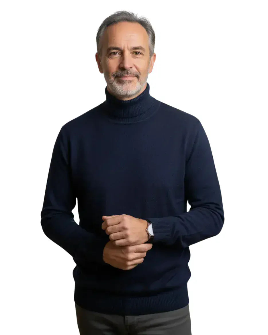 Fine Knit Turtleneck Sweater with Ribbed Collar for Mens