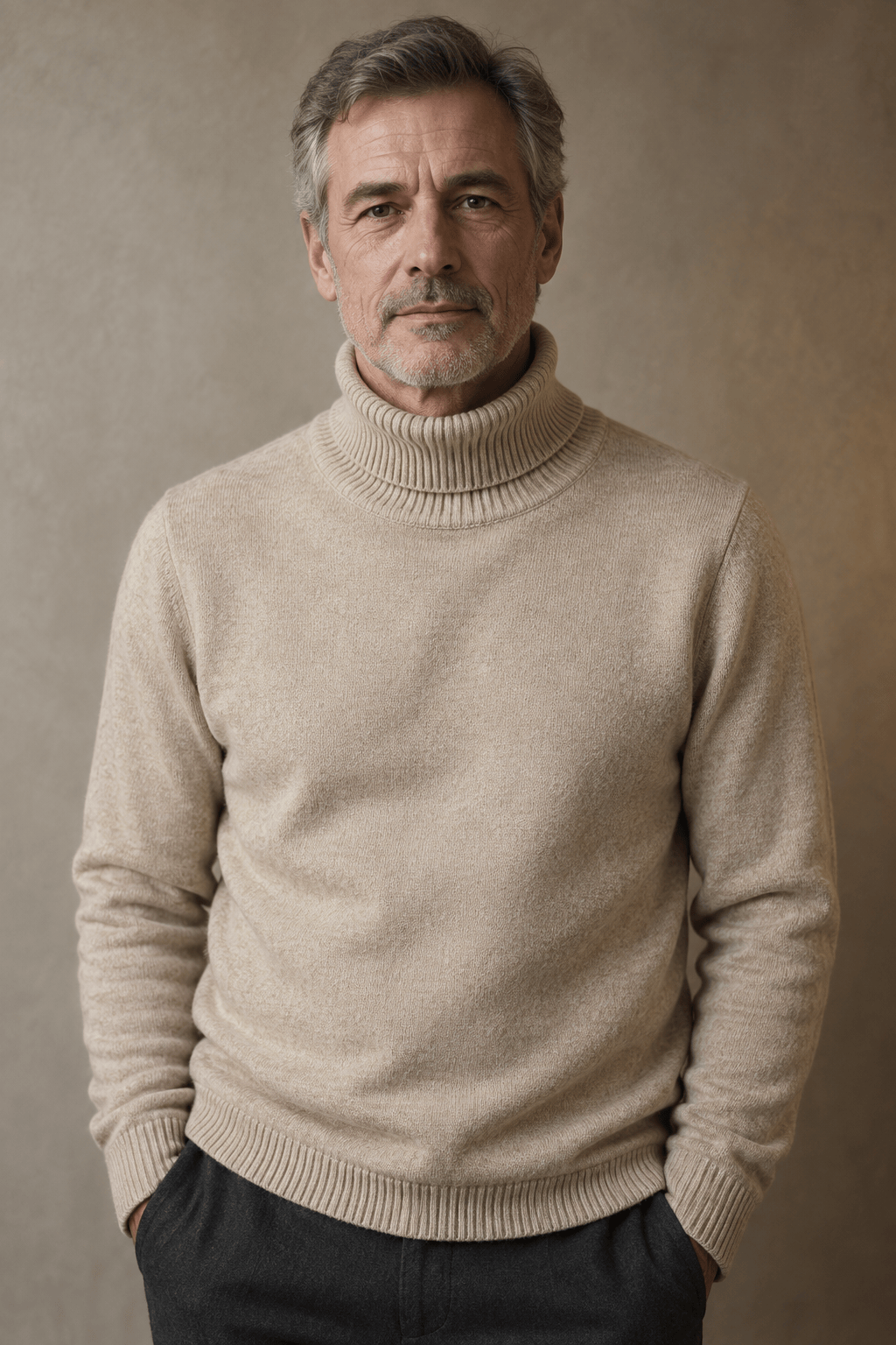 Fine Knit Turtleneck Sweater with Ribbed Collar for Mens