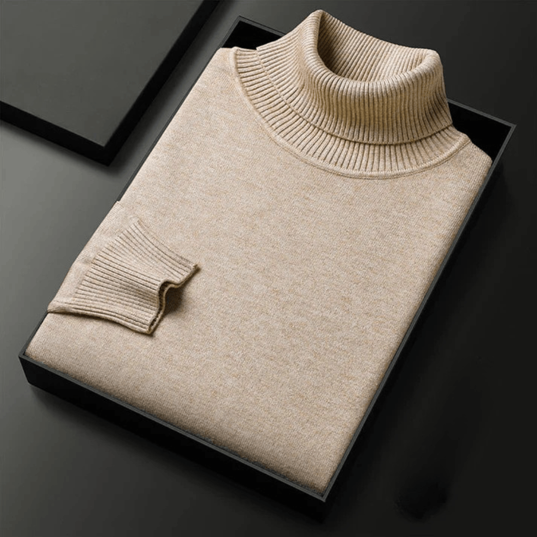 Fine Knit Turtleneck Sweater with Ribbed Collar for Mens