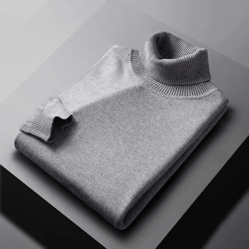 Fine Knit Turtleneck Sweater with Ribbed Collar for Mens