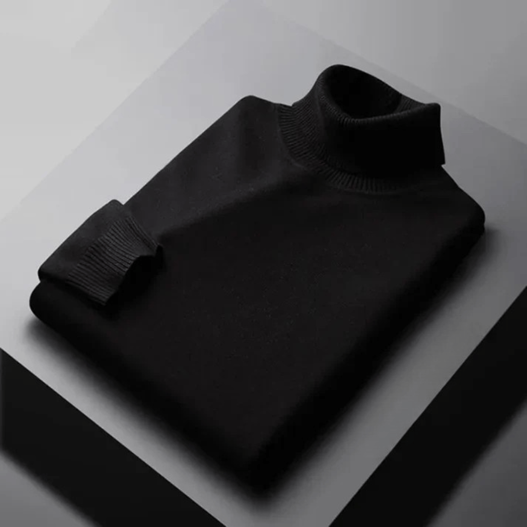 Fine Knit Turtleneck Sweater with Ribbed Collar for Mens