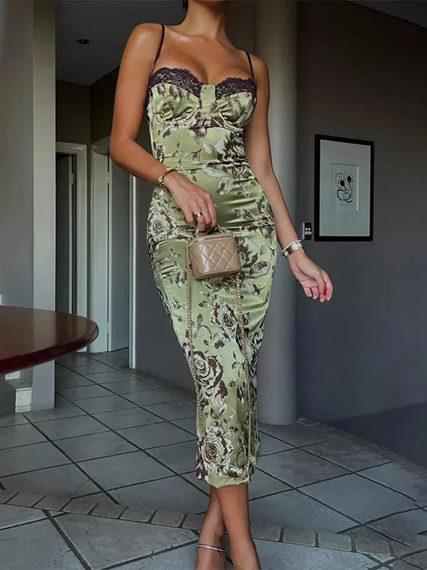 Fitted Floral Midi Dress with Lace-Trim Neckline for Women