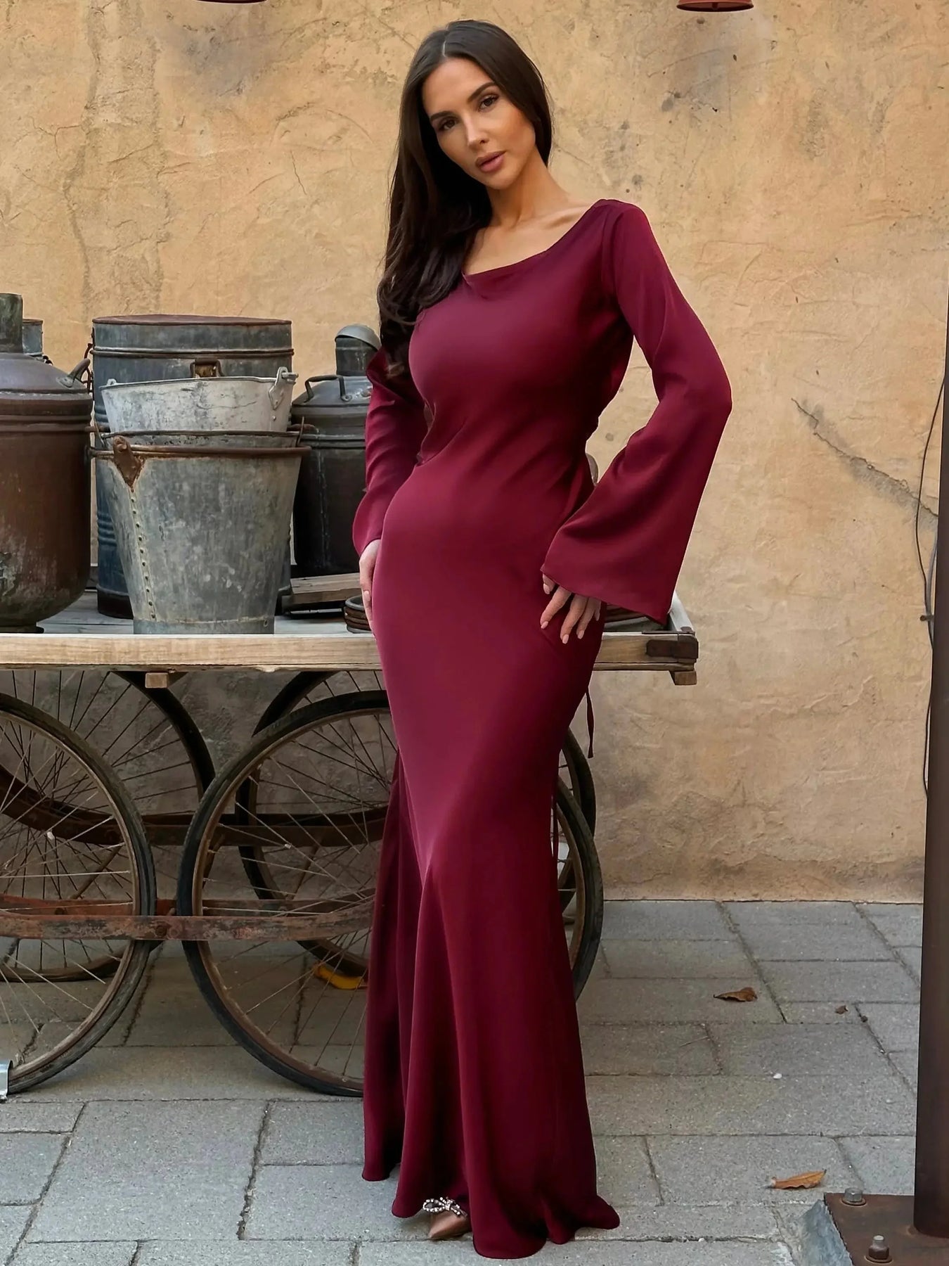 Fitted Maxi Occasion Dress with Flared Sleeve Cuffs for Women