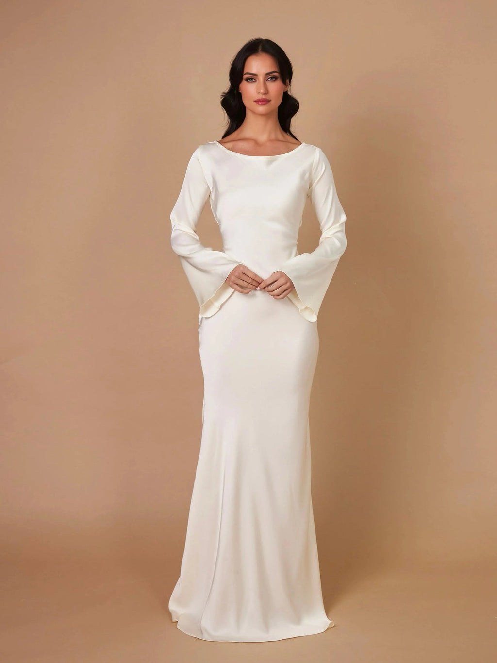 Fitted Maxi Occasion Dress with Flared Sleeve Cuffs for Women