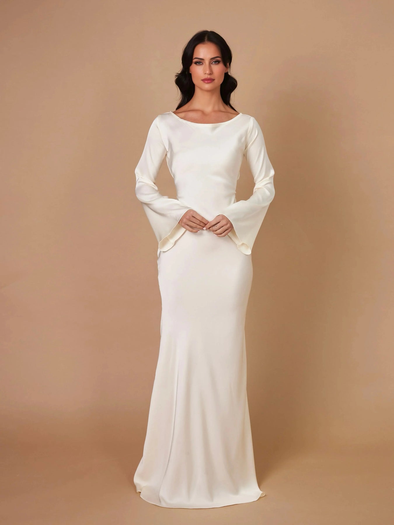 Fitted Maxi Occasion Dress with Flared Sleeve Cuffs for Women