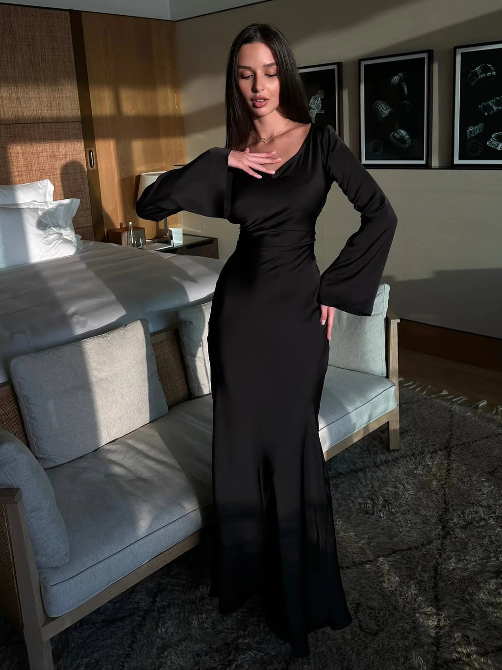 Fitted Maxi Occasion Dress with Flared Sleeve Cuffs for Women