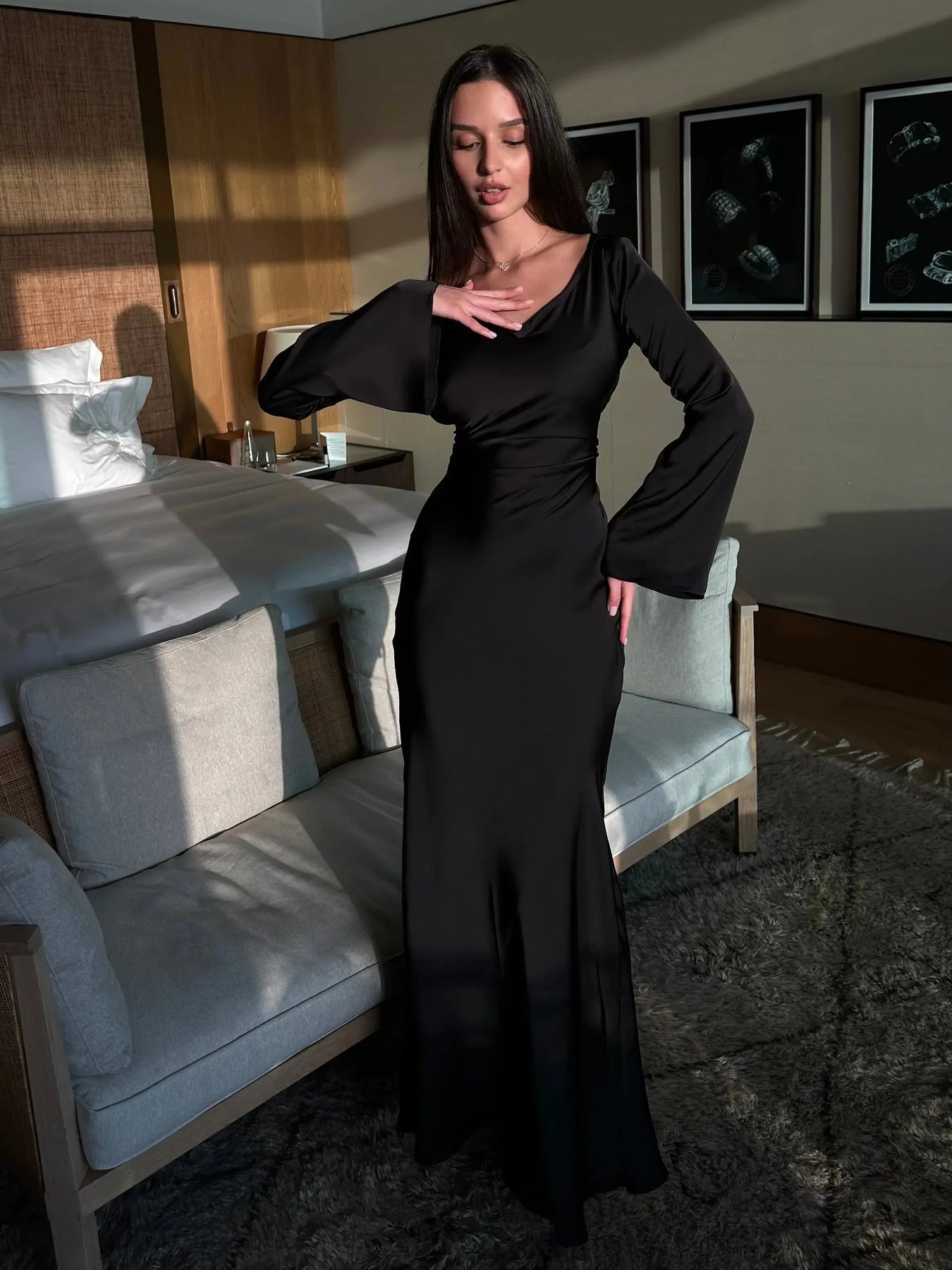 Fitted Maxi Occasion Dress with Flared Sleeve Cuffs for Women