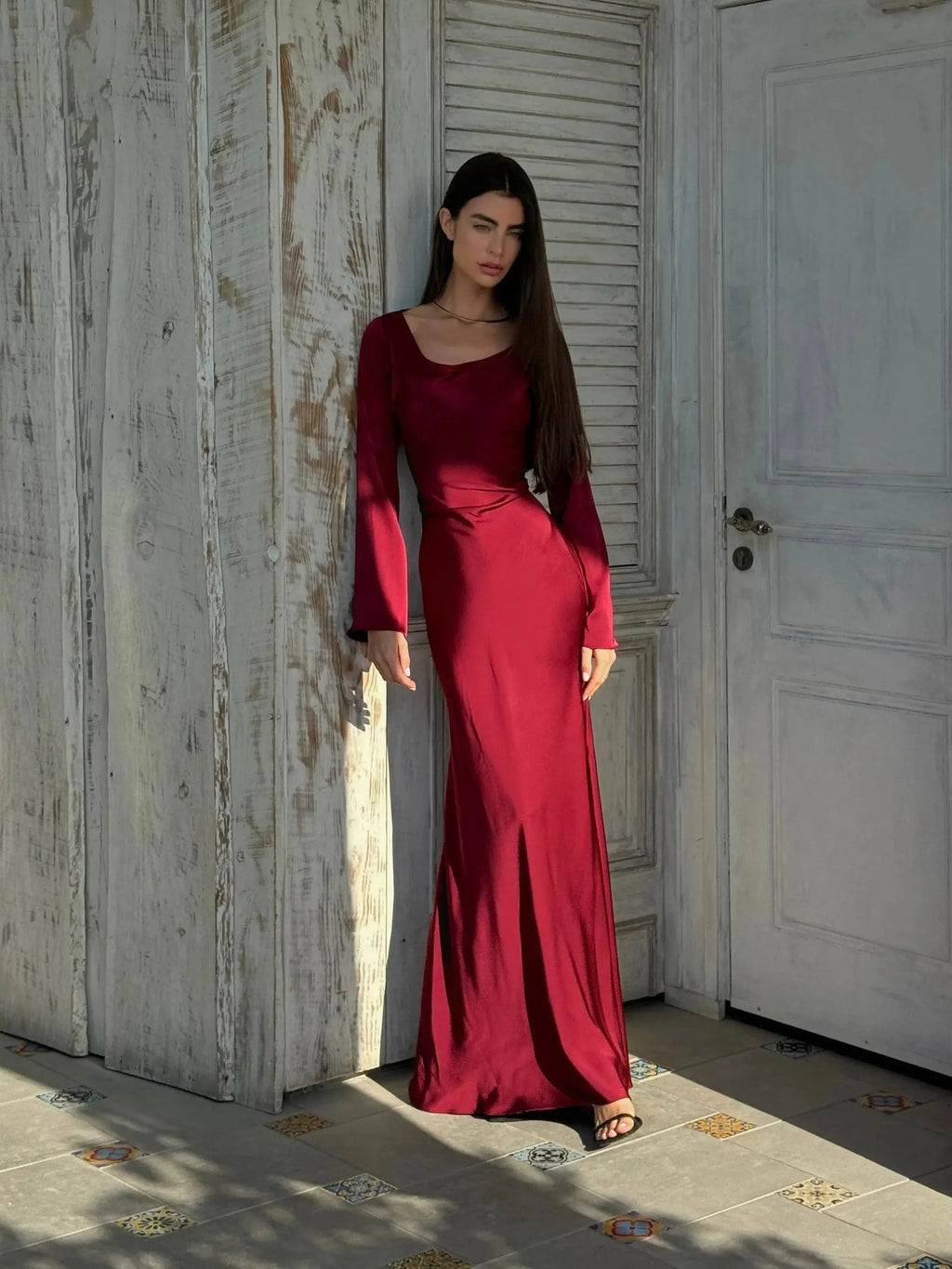 Fitted Maxi Occasion Dress with Flared Sleeve Cuffs for Women