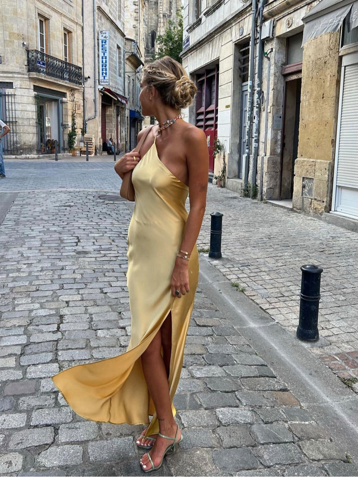 Fitted Midi Dress with Asymmetrical Neckline for Women