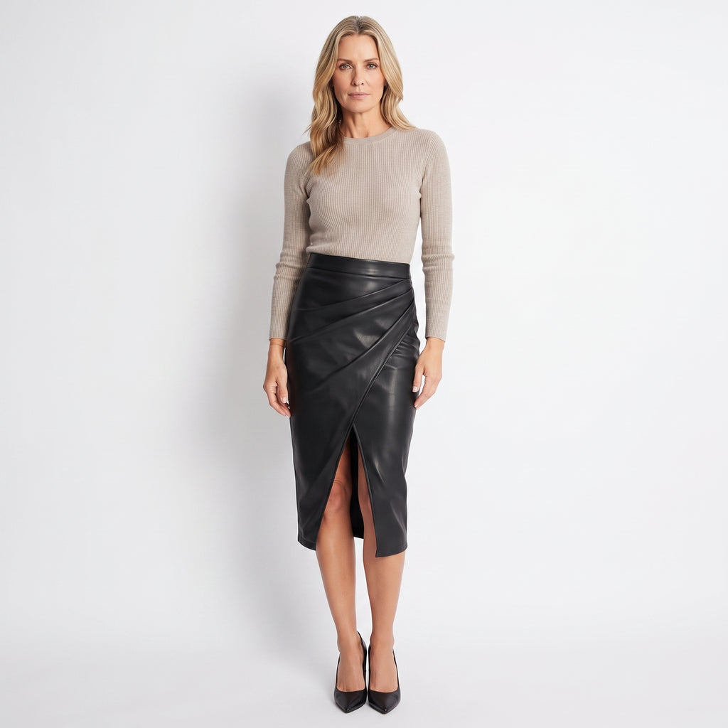 Fitted Midi Pencil Skirt with Gathered Wrap Front for Women