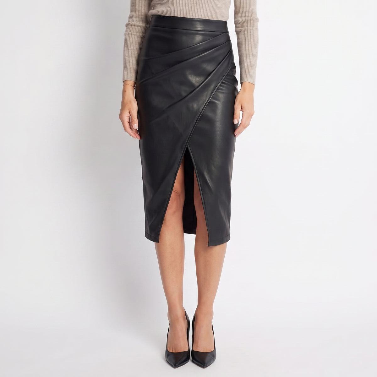 Fitted Midi Pencil Skirt with Gathered Wrap Front for Women