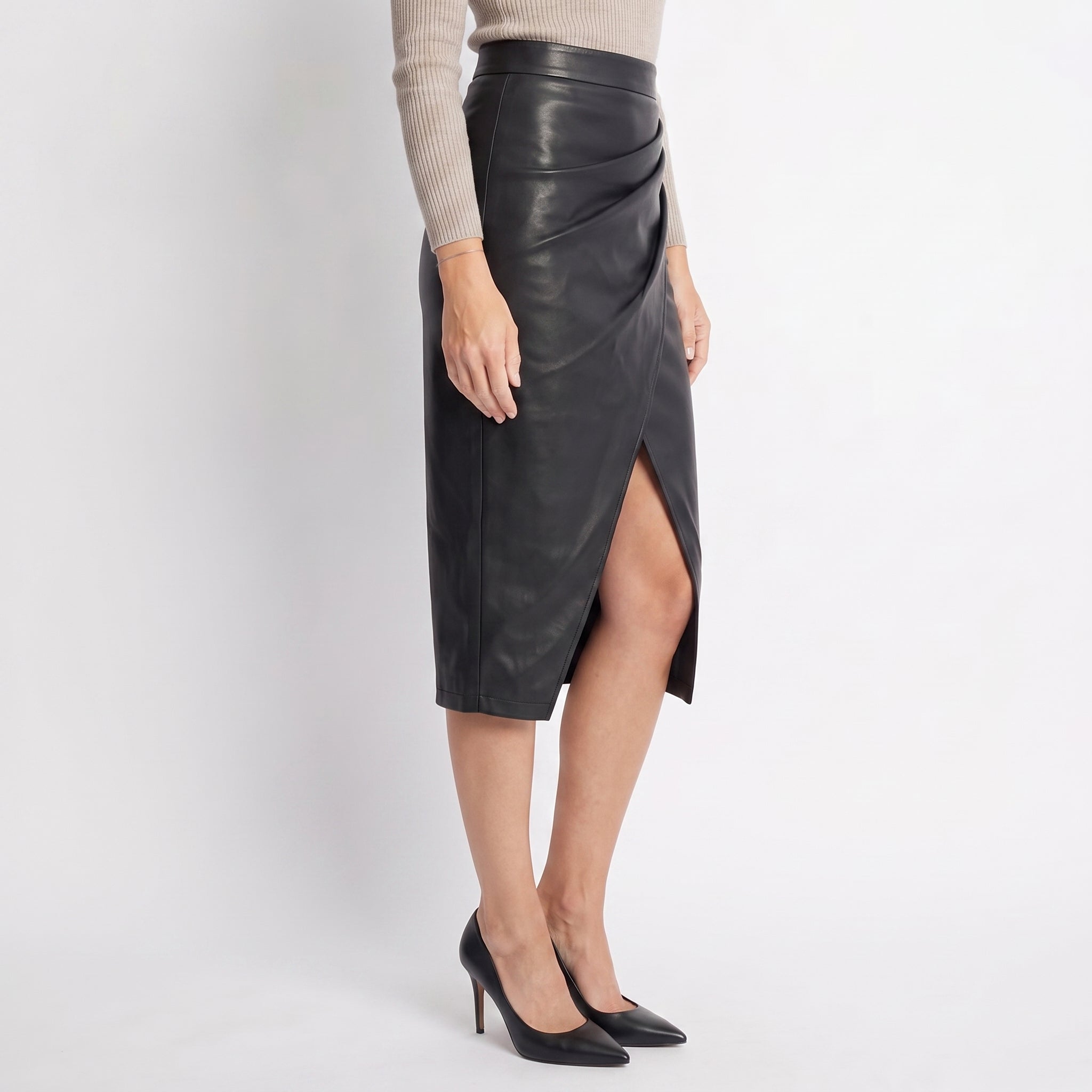 Fitted Midi Pencil Skirt with Gathered Wrap Front for Women