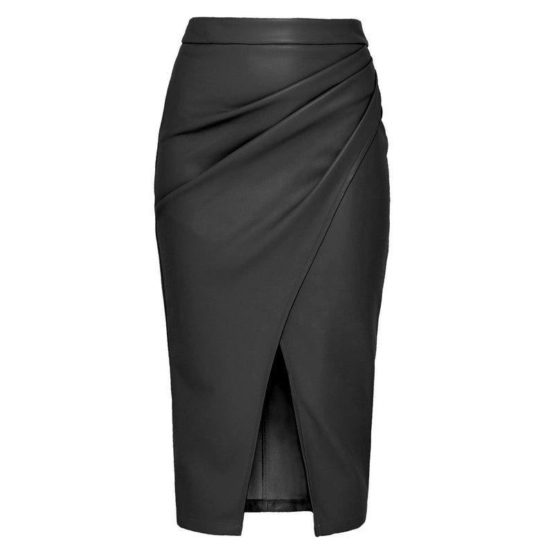 Fitted Midi Pencil Skirt with Gathered Wrap Front for Women