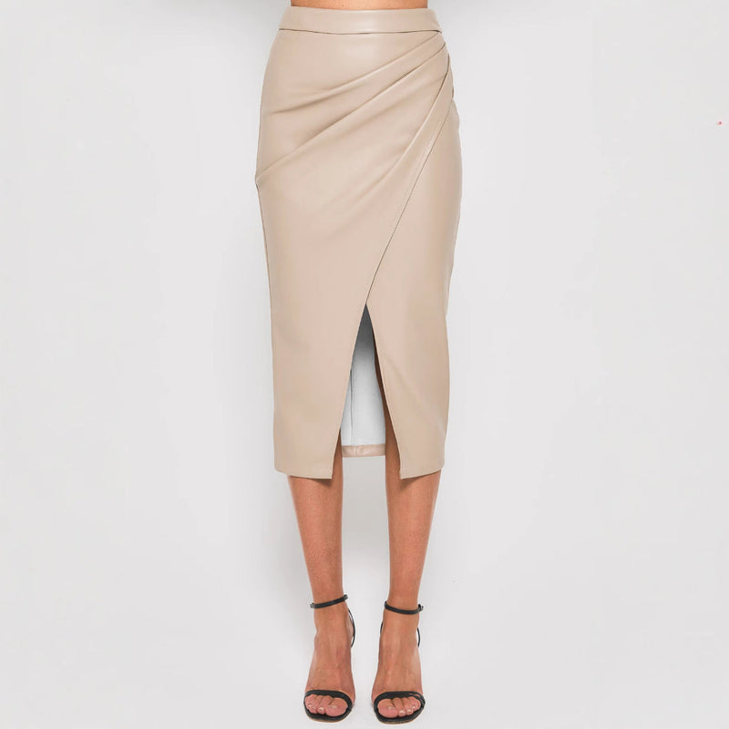 Fitted Midi Pencil Skirt with Gathered Wrap Front for Women