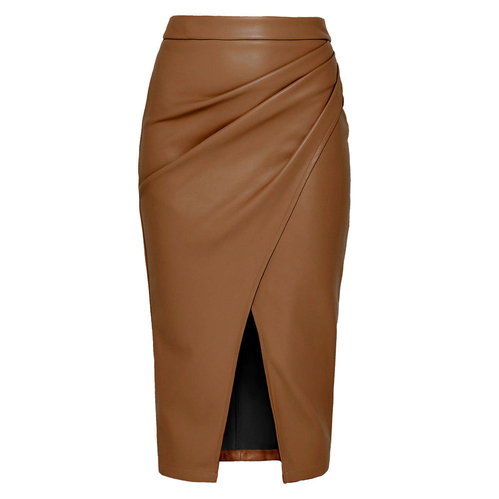 Fitted Midi Pencil Skirt with Gathered Wrap Front for Women