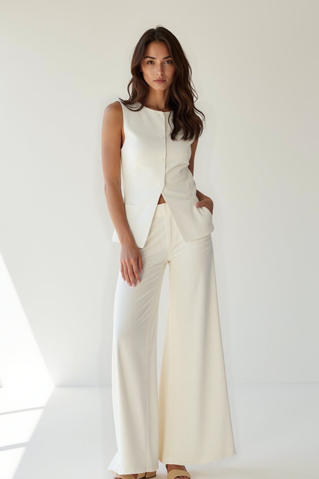 Fitted Waistcoat Two-Piece Set with Wide-Leg Palazzo Pants for Women