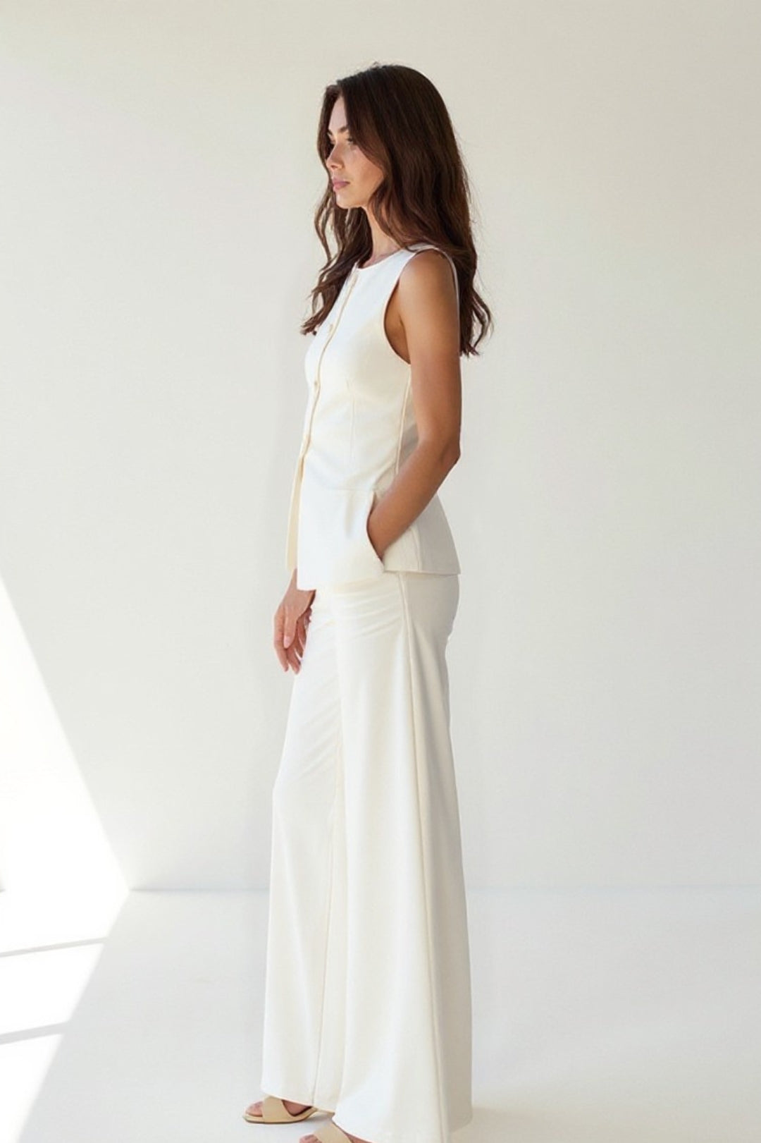 Fitted Waistcoat Two-Piece Set with Wide-Leg Palazzo Pants for Women