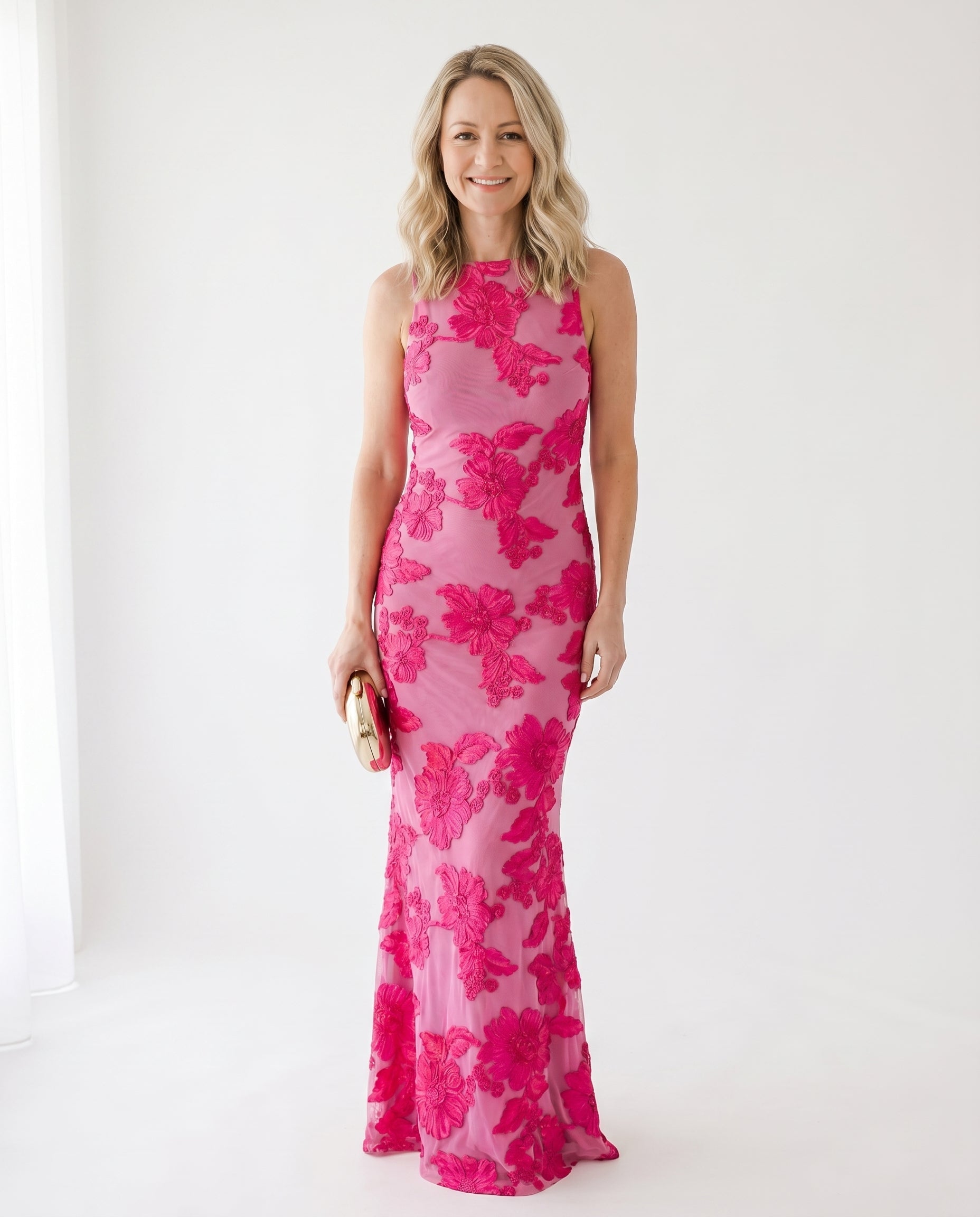 Floral Embroidered Maxi Dress with Round Neckline for Women