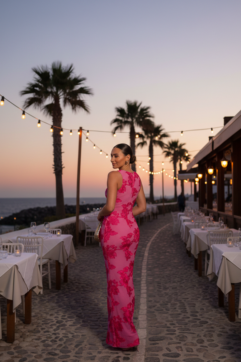 Floral Embroidered Maxi Dress with Round Neckline for Women