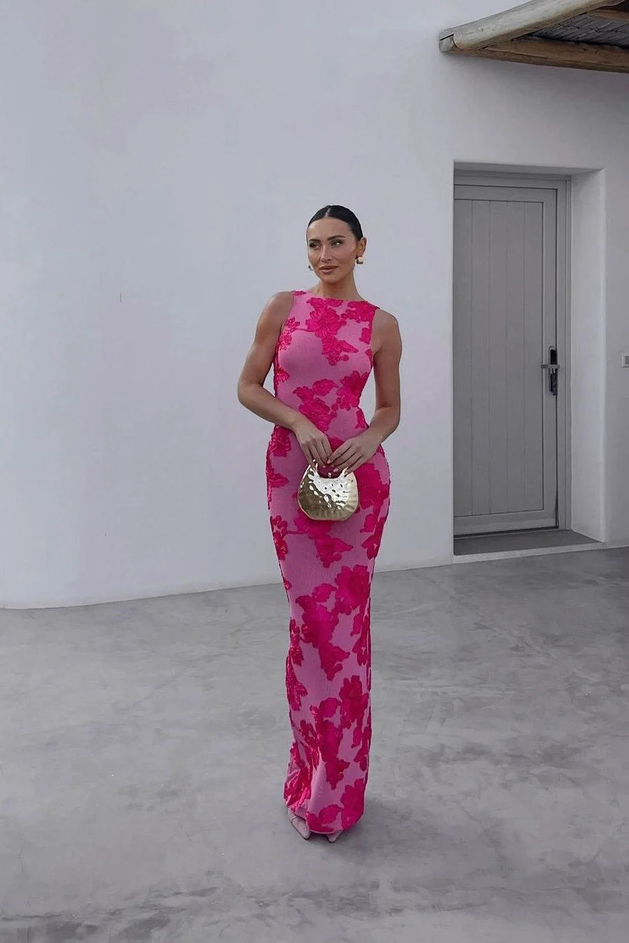 Floral Embroidered Maxi Dress with Round Neckline for Women