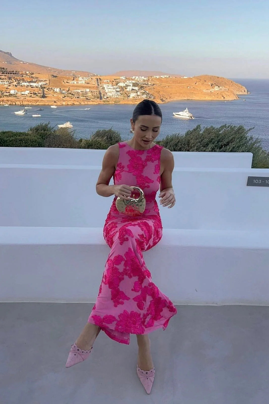 Floral Embroidered Maxi Dress with Round Neckline for Women
